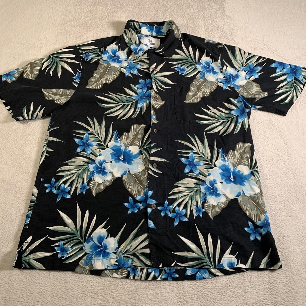 28‎ Palms Shirt Mens Large Black Blue Hawaiian Floral Silk Button Front Camp